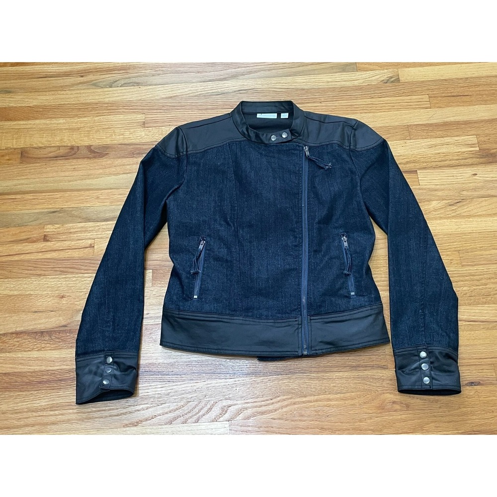 New York Co Biker Jacket Women S Blue Denim Leather Full ZipUp Motorcycle Cotton